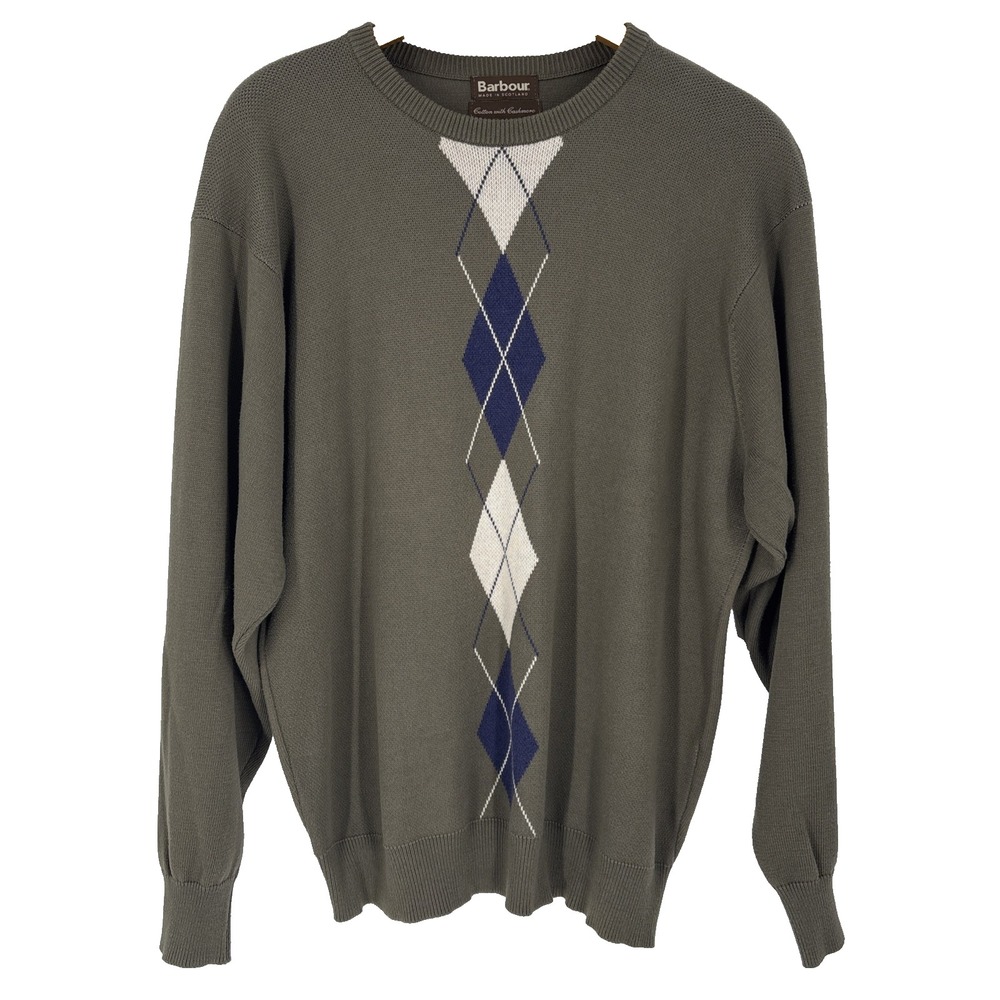 Barbour Mens Cotton Cashmere Argyle Sweater Size XL Army Green Made in Scotland